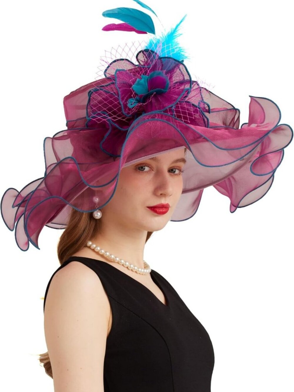 Elegant Wide Brim Women's Church Hat with Leaf & Flower for Derby, Bridal Shower